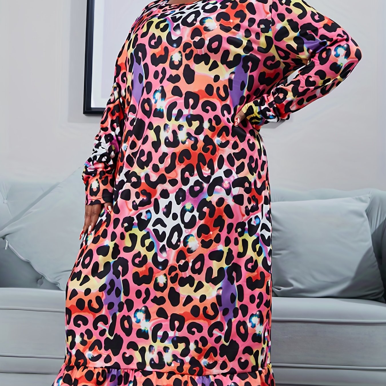 Plus Size Leopard Print Ruffle Maxi Nightdress