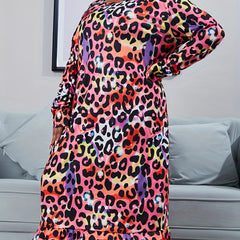 Plus Size Leopard Print Ruffle Maxi Nightdress