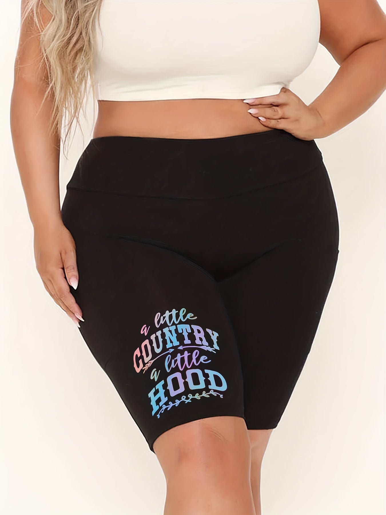 Women's Plus Graphic & Letter Print High Rise Skinny Fitness Shorts