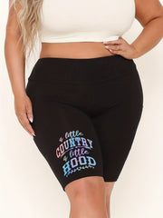 Women's Plus Graphic & Letter Print High Rise Skinny Fitness Shorts