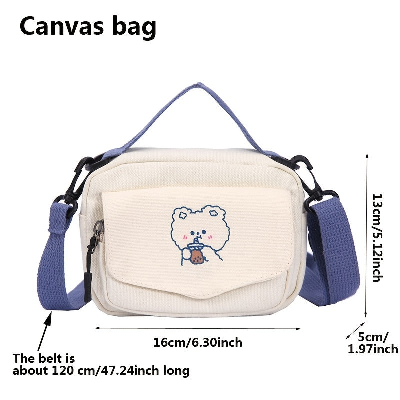 Girls Casual Drinking Bear Canvas Cross Body Bag Hand Bag With Adjustable Strap