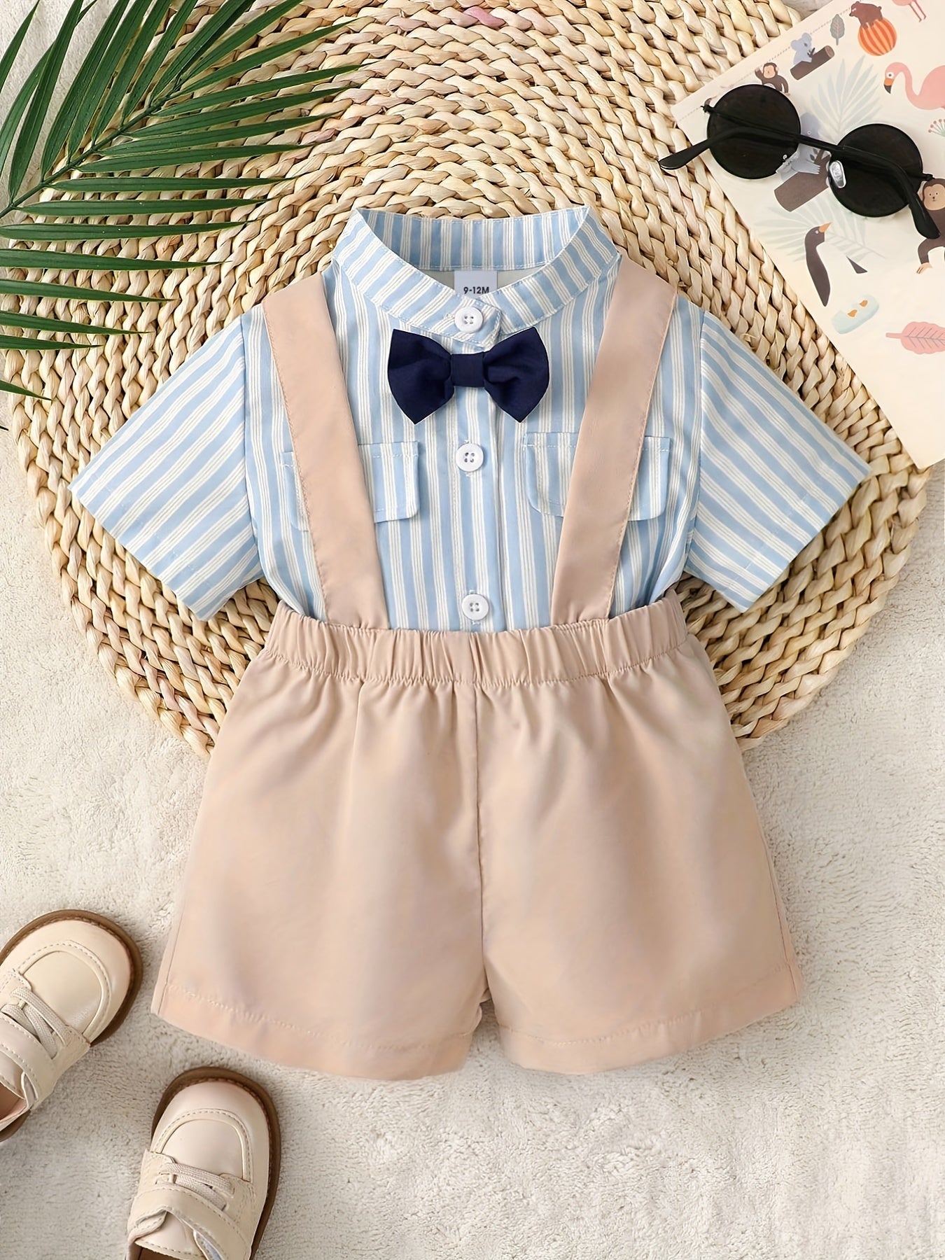 Baby Boys Gentleman Suit Striped Bow Shirt & Overalls Set