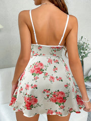 Floral Print Slip Nightdress Lace Trim Deep V Sleep Dress