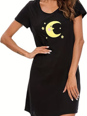 Moon Print NightDress Short Sleeve Pajama Dress Women's Sleepwear