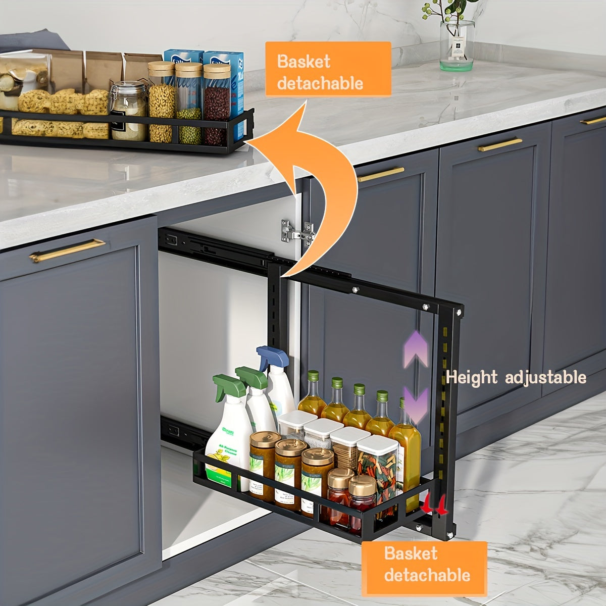 Cabinet Pull-Out Storage Rack for Kitchen and Bathroom Organization