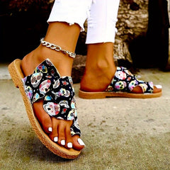 Women's Skull Pattern Bowknot Sandals Slip On Open Toe Flat Non slip Comfy Shoes