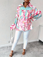Casual Blouse Women's Plus Allover Print Button Up Long Sleeve
