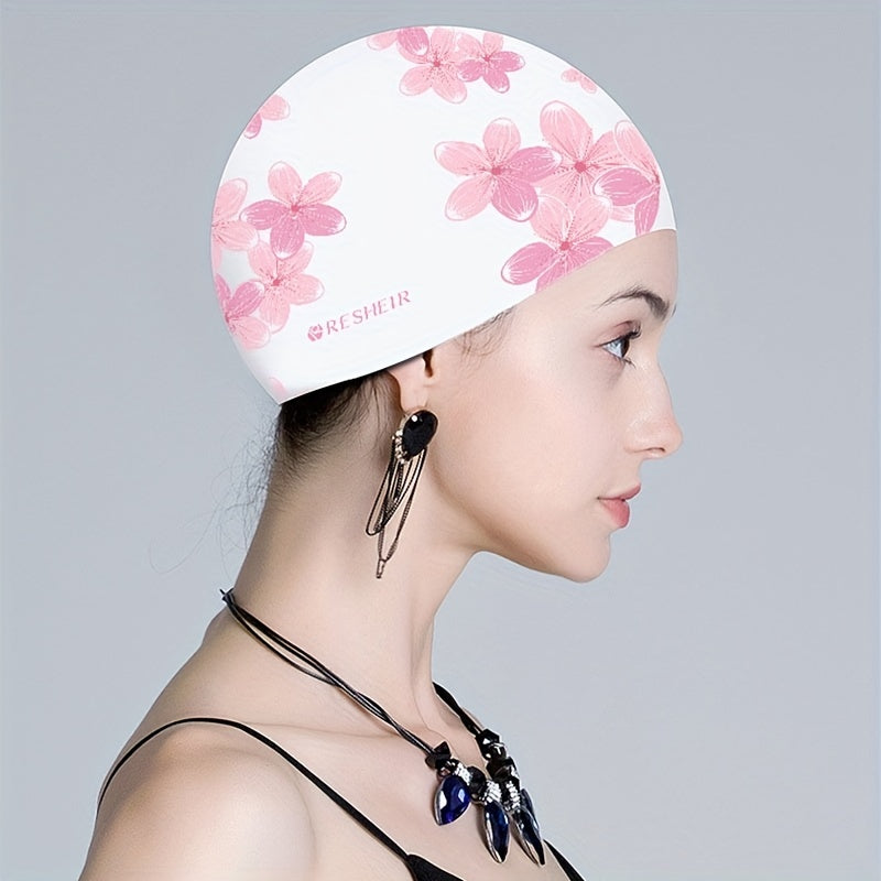 Flower Print Silicone Swimming Cap for Women Waterproof Ear Protection