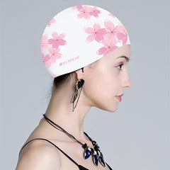 Flower Print Silicone Swimming Cap for Women Waterproof Ear Protection