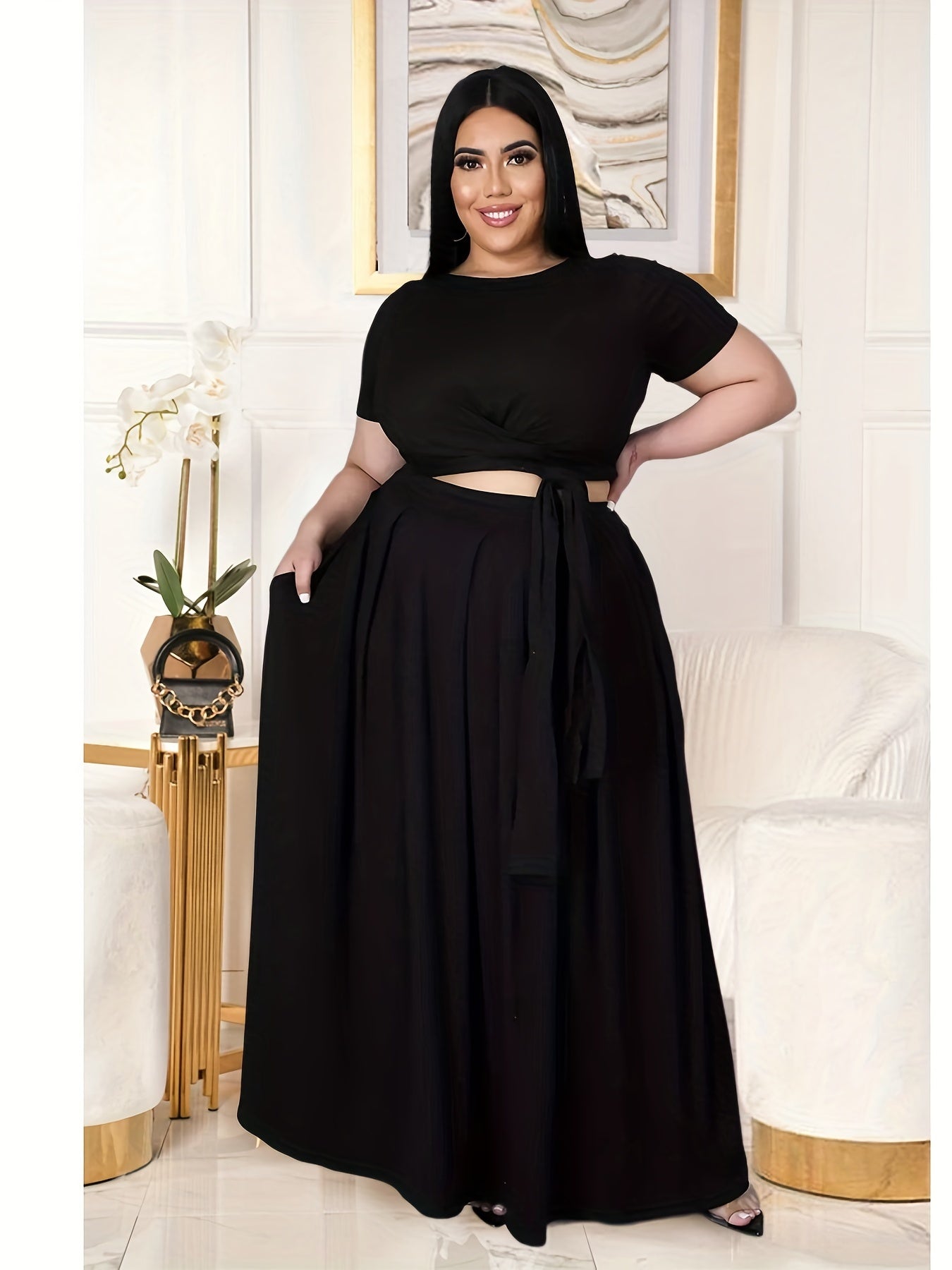 Sexy Outfits Set Women's Plus Solid Round Neck Short Sleeve Cross Knot