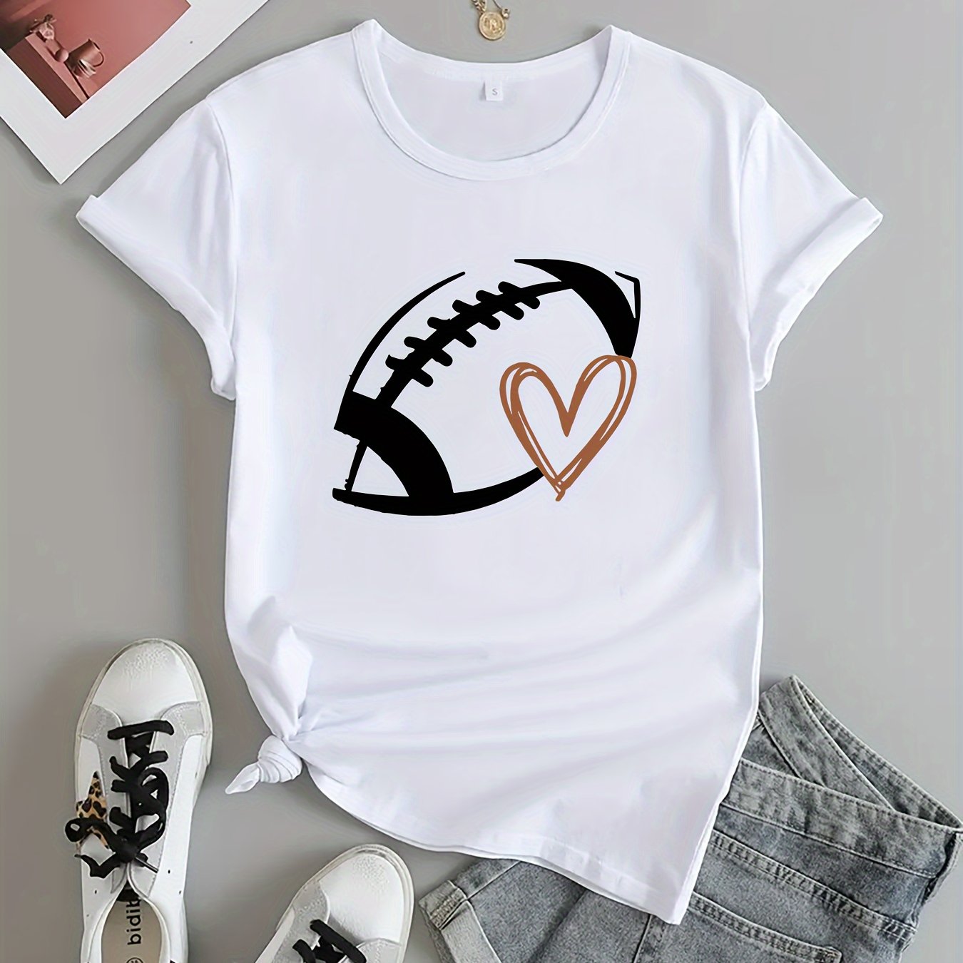 Football Heart Graphic Sports T-shirt Workout Top