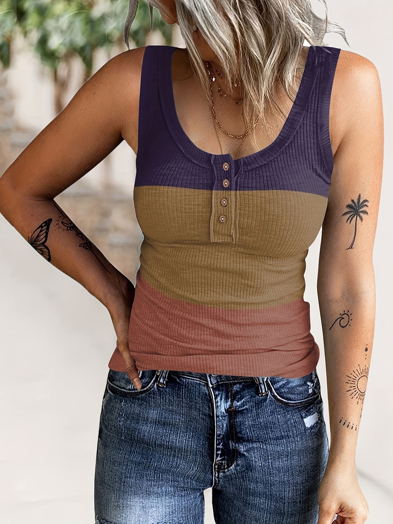 Scoop Neck Sleeveless Tank Top Casual Block Button Front