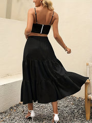 Solid Elastic High Rise Swing Maxi Skirt
