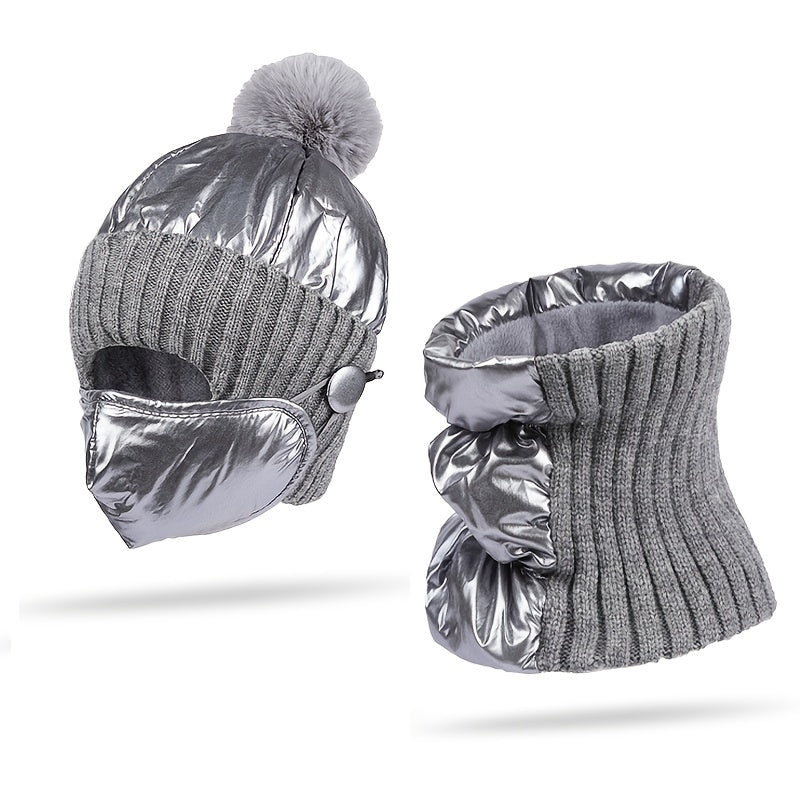 Men's 3pcs Hat Scarf Face Mask Set Autumn Winter Warm Knit Fleece Cap