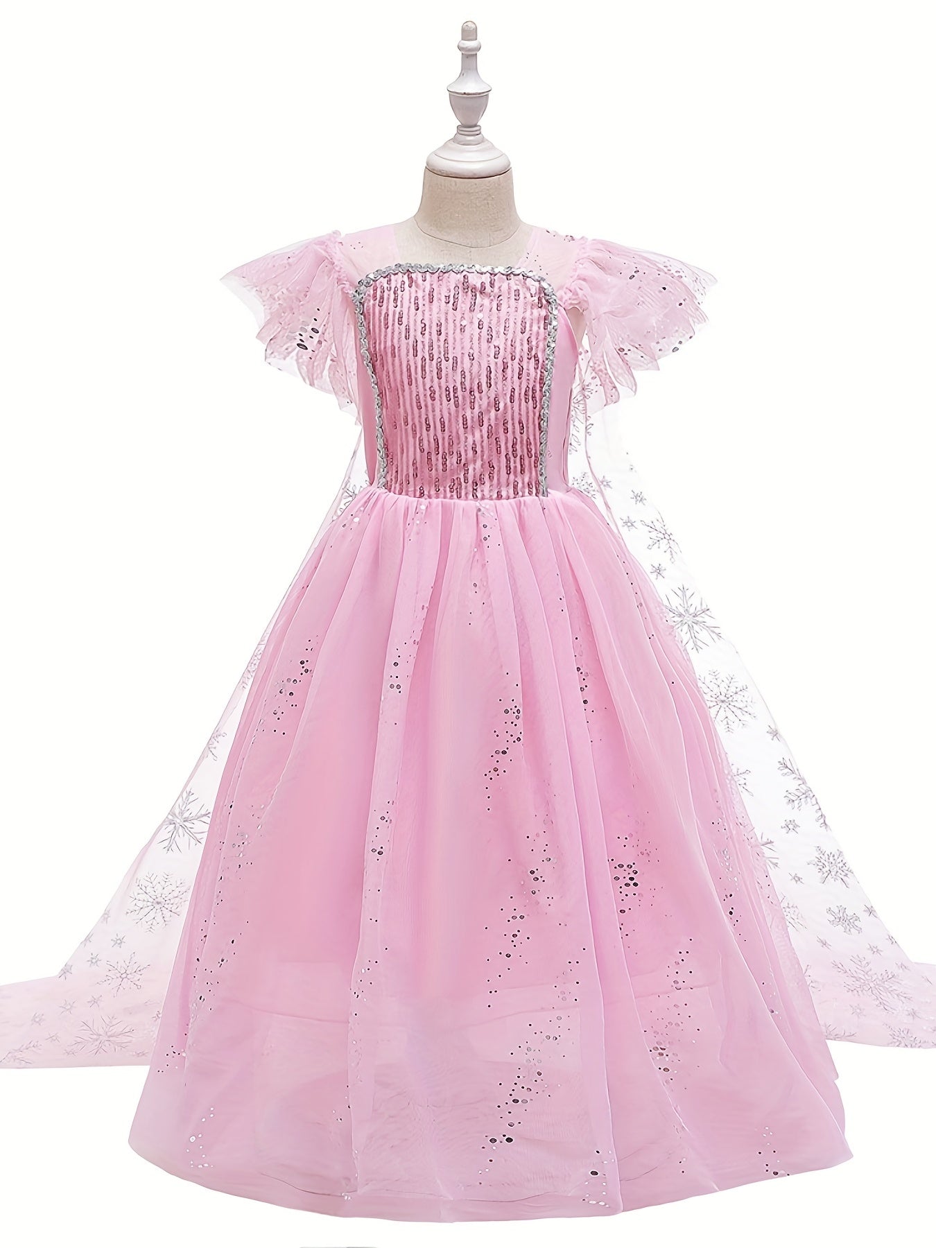 Girls Sequin Snowflake Princess Dress Sleeveless Ruffle Mesh Cape