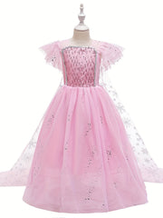Girls Sequin Snowflake Princess Dress Sleeveless Ruffle Mesh Cape