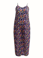 Floral Print V Neck Cami Jumpsuit With Pockets