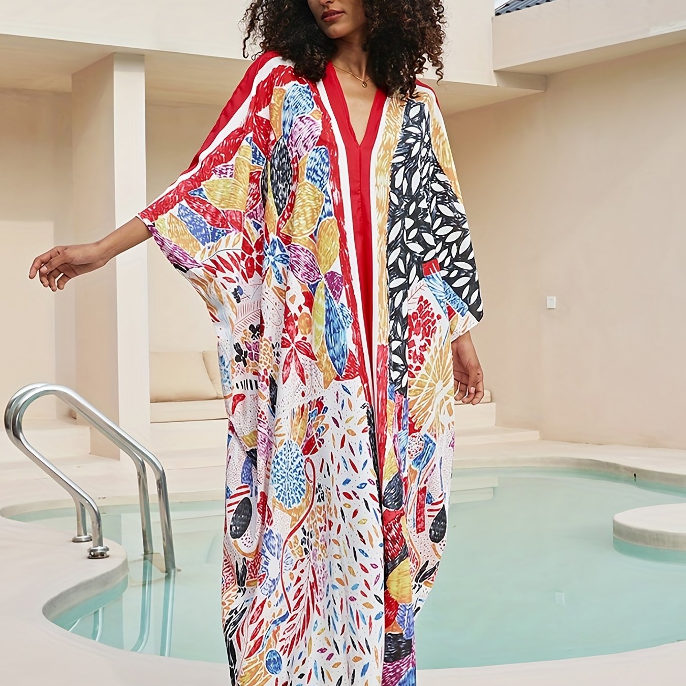 Colorblock Floral Print V Neck Maxi Cover Up