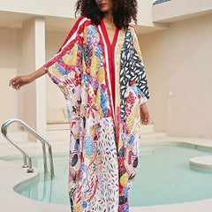 Colorblock Floral Print V Neck Maxi Cover Up