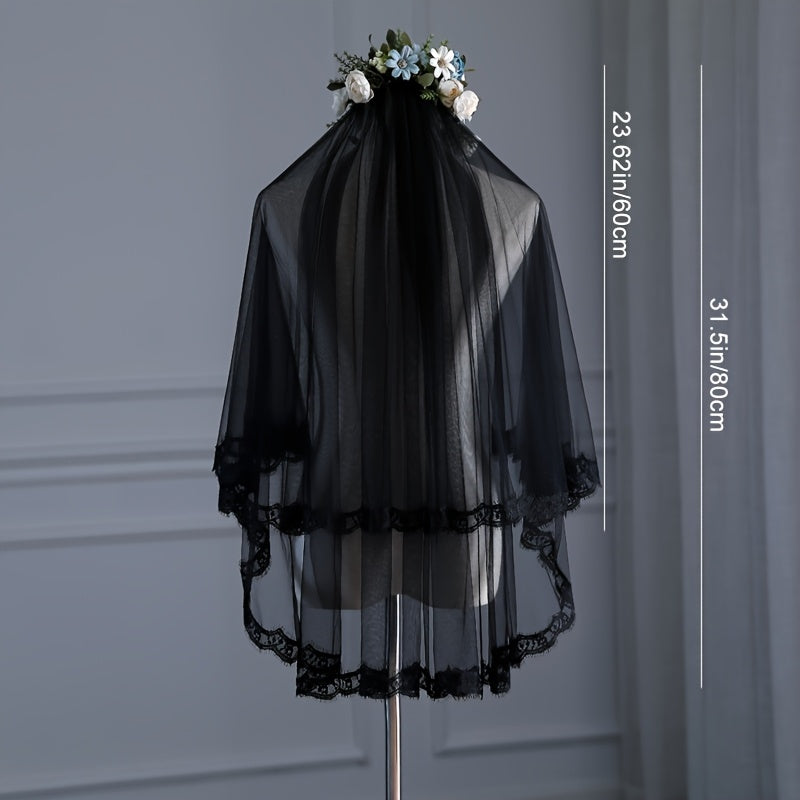 Romantic Floral Bridal Veil with Lace Trim for Brides