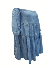 Smock Denim Dress Women Off Shoulder Bubble Sleeve