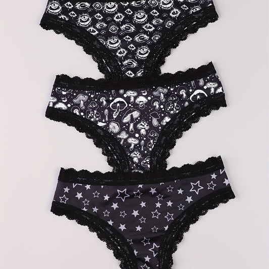 Eyeball & Mushroom Print Lace Trim Bikini Set