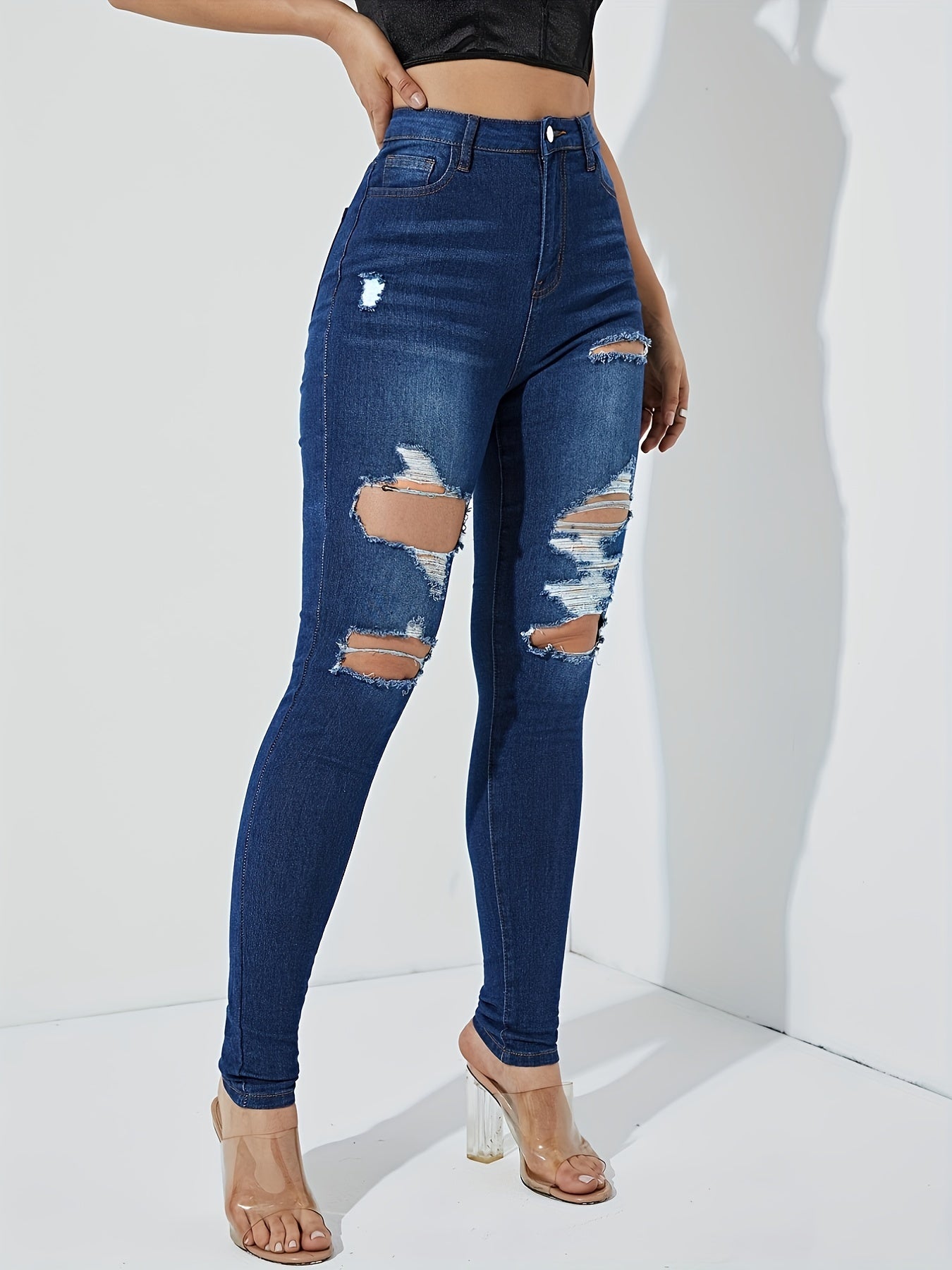 High Waist Ripped Skinny Jeans Whiskering Stretchy High Rise