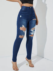 High Waist Ripped Skinny Jeans Whiskering Stretchy High Rise