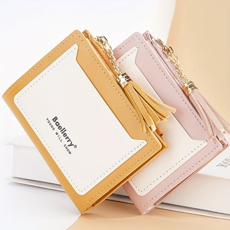 Two Tone Tassel Short Wallet Card Holder Zipper Coin Purse