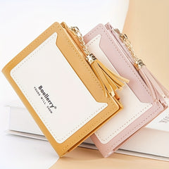 Two Tone Tassel Short Wallet Card Holder Zipper Coin Purse