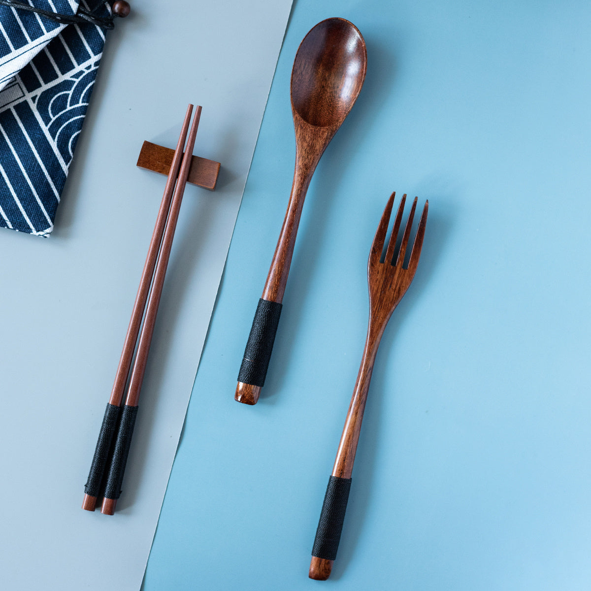 3pcs Japanese Wooden Tableware Spoon Chopsticks Fork Set