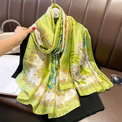 Peony Print Large Satin Scarf Classic Silk Shawl