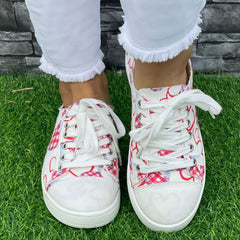 Pink Plaid Love Heart Pattern Flat Shoes Women's Casual Shoes