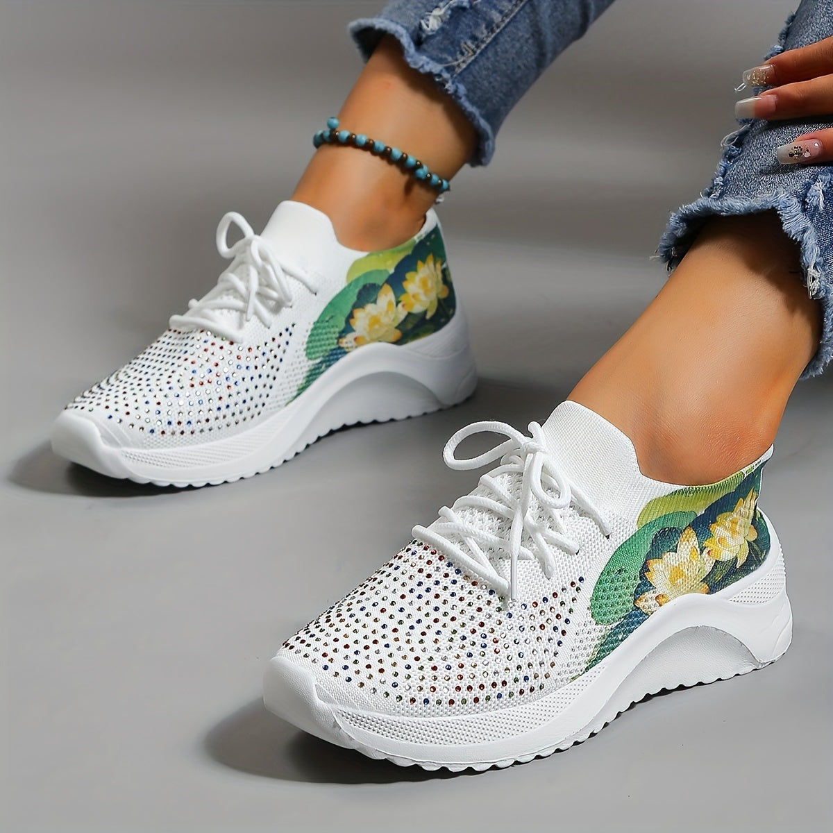 Lotus Printed Sneakers with Rhinestone Decor Low Top Sports Shoes