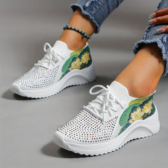 Lotus Printed Sneakers with Rhinestone Decor Low Top Sports Shoes