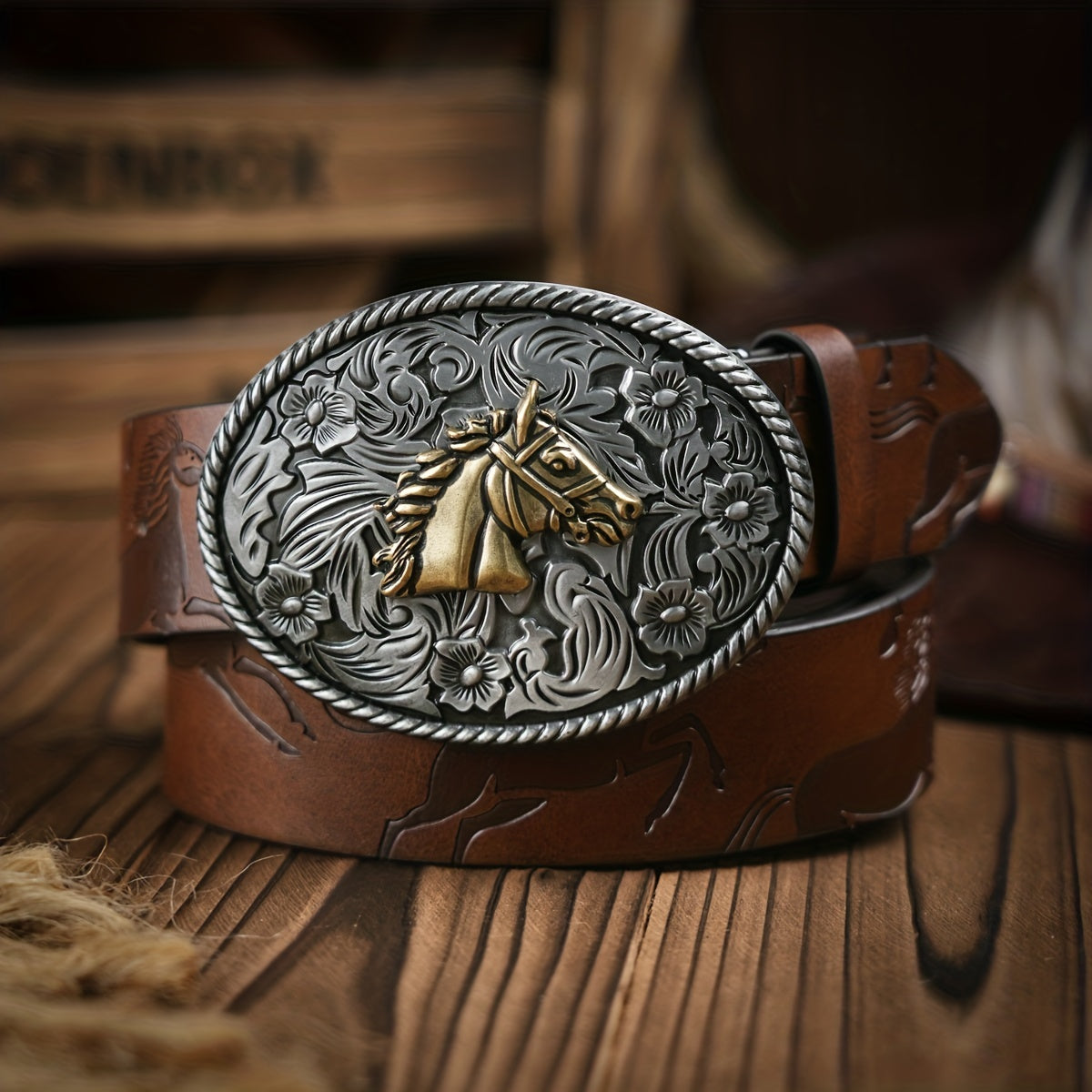 Men's Vintage Horse Embossed Dress Belt with Horse Buckle
