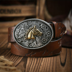 Men's Vintage Horse Embossed Dress Belt with Horse Buckle