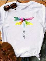 Dragonfly Printed Casual Sports T-shirt Short Sleeve Women's Top