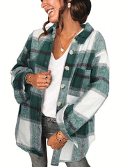 Button Plaid Drop Shoulder Jacket for Fall & Winter