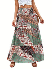 Floral Patchwork Print Boho Skirt for Women