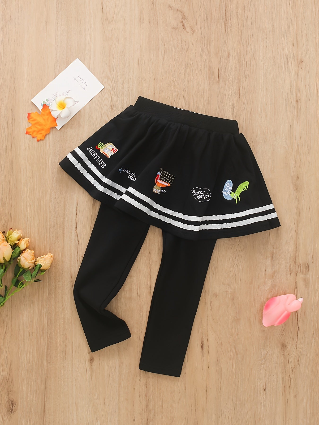 Girls Cartoon Embroidery Fleece Warm Leggings With Stripe Skirt