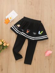 Girls Cartoon Embroidery Fleece Warm Leggings With Stripe Skirt