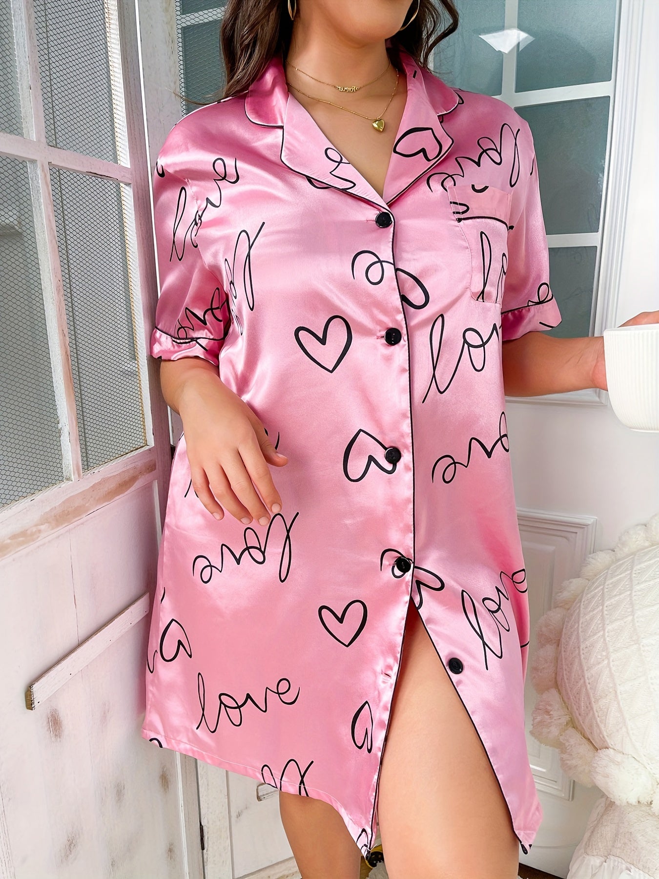 Nightgown Women's Plus Heart & Letter Print Short Sleeve Nightshirt