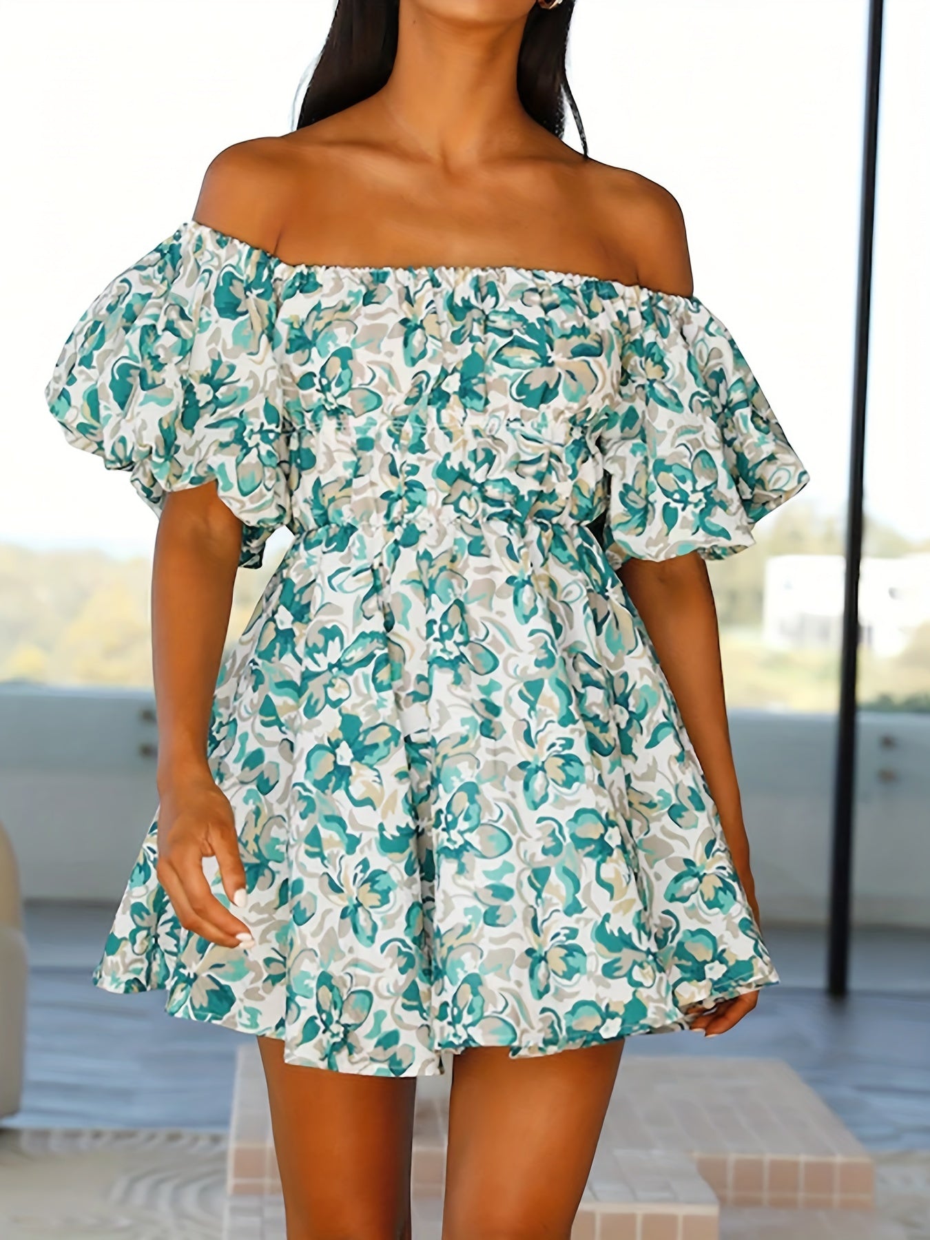 Floral Puff Sleeve Dress Off Shoulder Summer Casual