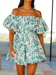 Floral Puff Sleeve Dress Off Shoulder Summer Casual