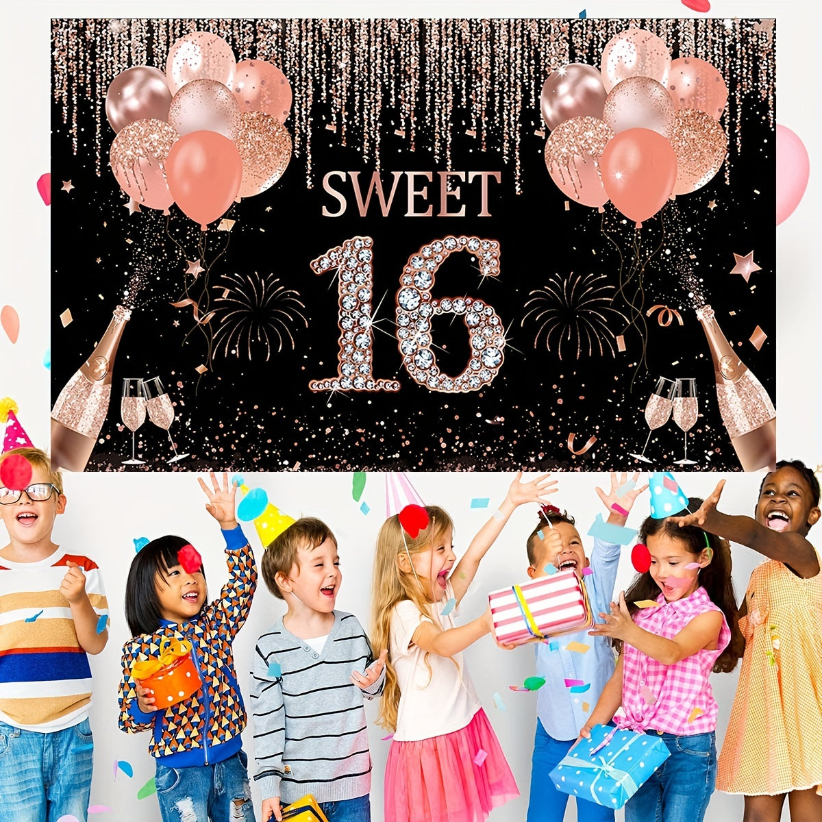 Rose Gold Sweet 16 Backdrop 44in Banner