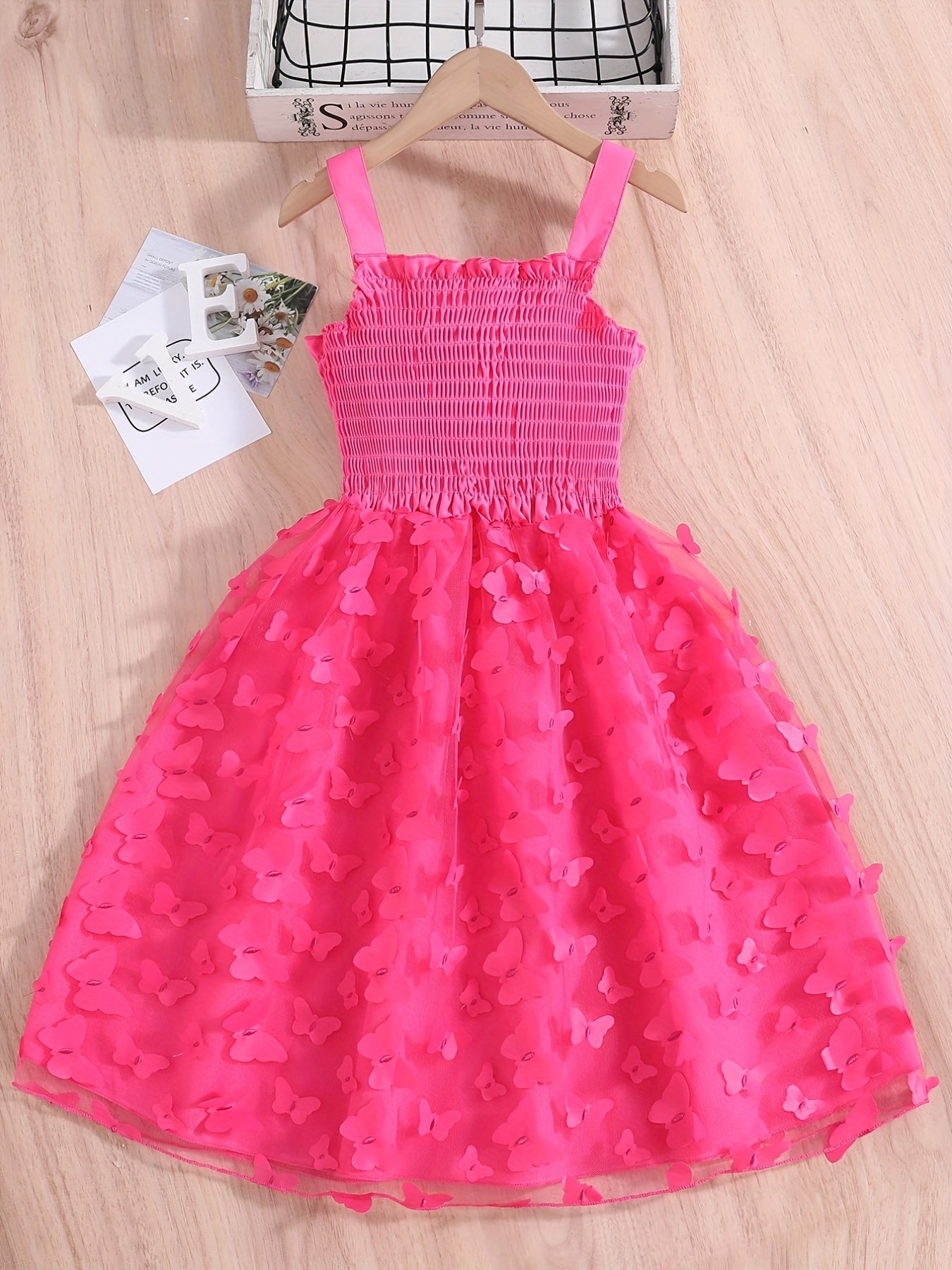 Butterfly Print Shirred Strappy Sundress for Girls
