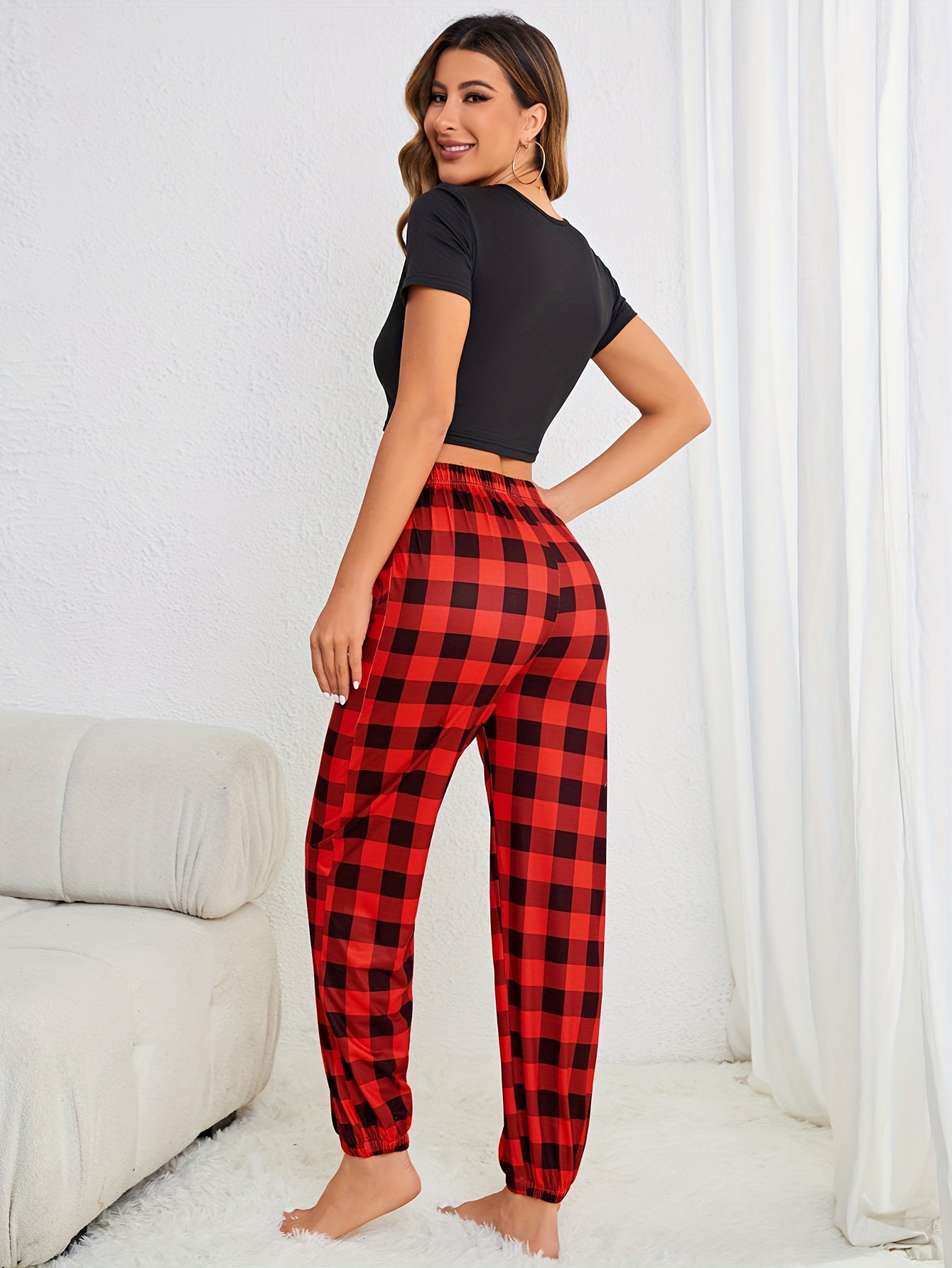 Plaid Print Pajama Set Short Sleeve Top & Pants