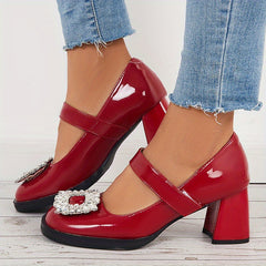 Women's Block Heeled Mary Jane Square Rhinestone Decor Pumps