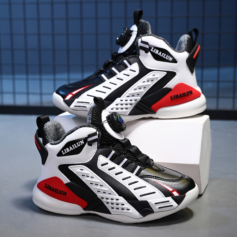 Boy's Basketball Shoes With Rotating Buckle Non Slip Sneakers